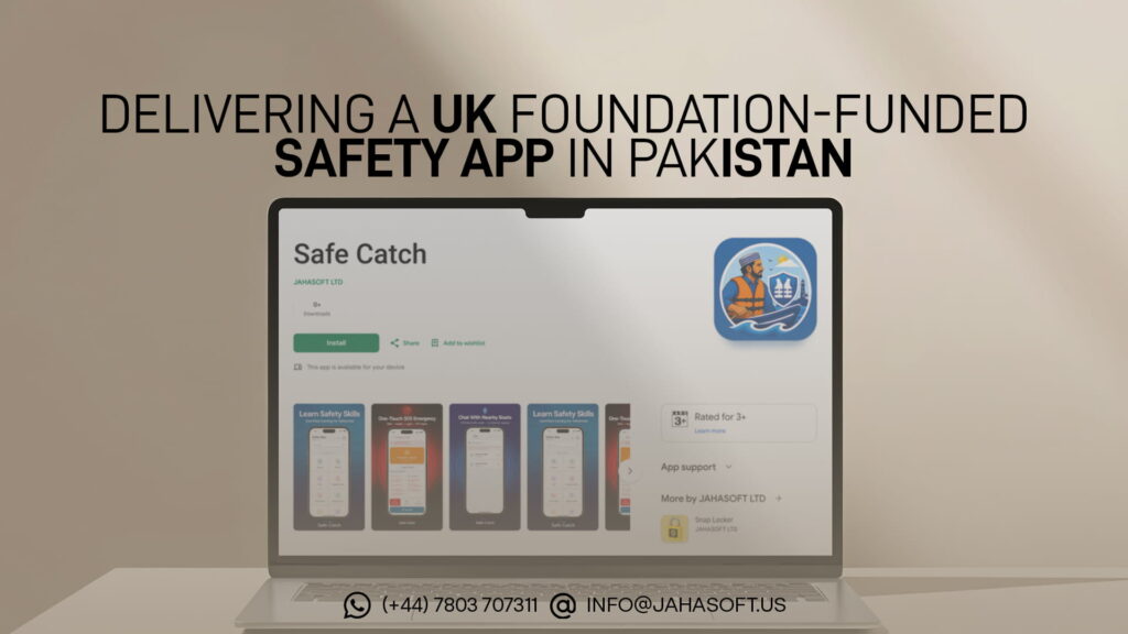 Safe Catch app screens showing emergency SOS and weather alerts, delivered by JahaSoft Ltd for a UK foundation-funded programme in Pakistan