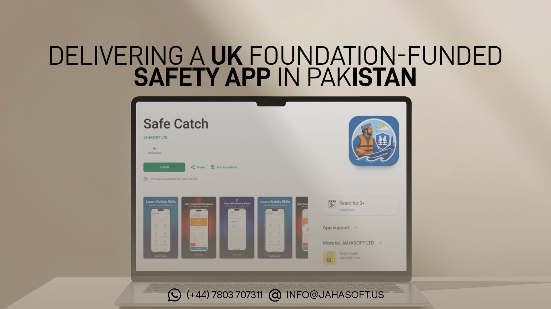 Safe Catch app screens showing emergency SOS and weather alerts, delivered by JahaSoft Ltd for a UK foundation-funded programme in Pakistan